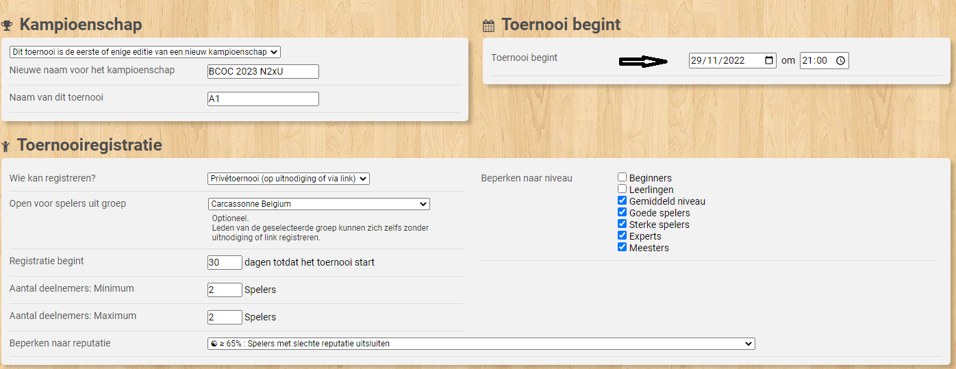 BGA: championship name, tournament name and registration settings